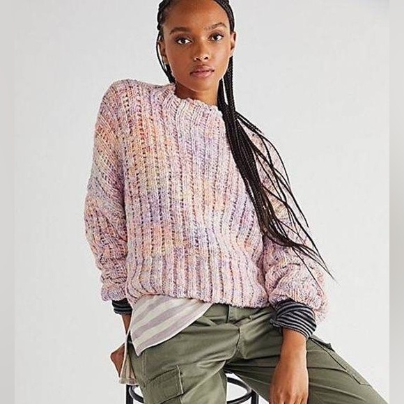 Free People Confetti Pullover Cropped Oversized snuggly Pink Sweater Size M - Picture 2 of 8